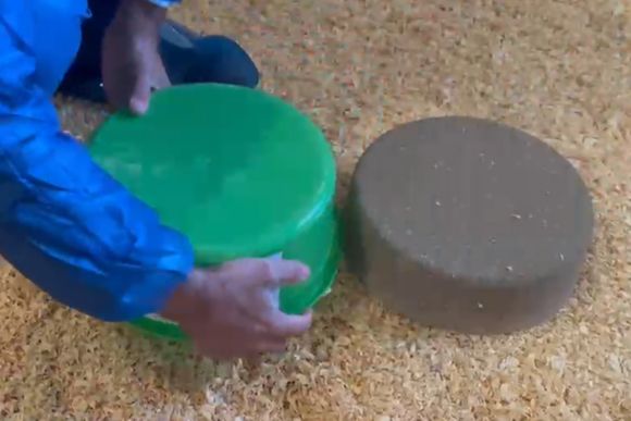 Farmer removing green container of a PECKStone pecking block