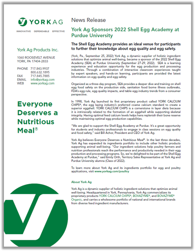 York Ag Sponsors 2022 Shell Egg Academy at Purdue University. PDF Cover image